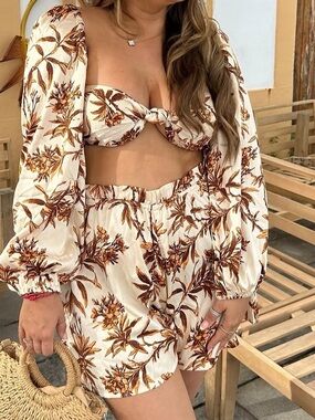 Women’s Floral Two-Piece Set - Cream with Brown Floral